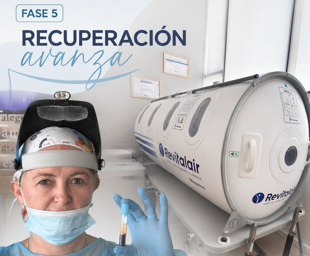 Paciente con mascarilla y careta junto a una cámara hiperbárica; texto: “Fase 5 Recuperación avanza”.