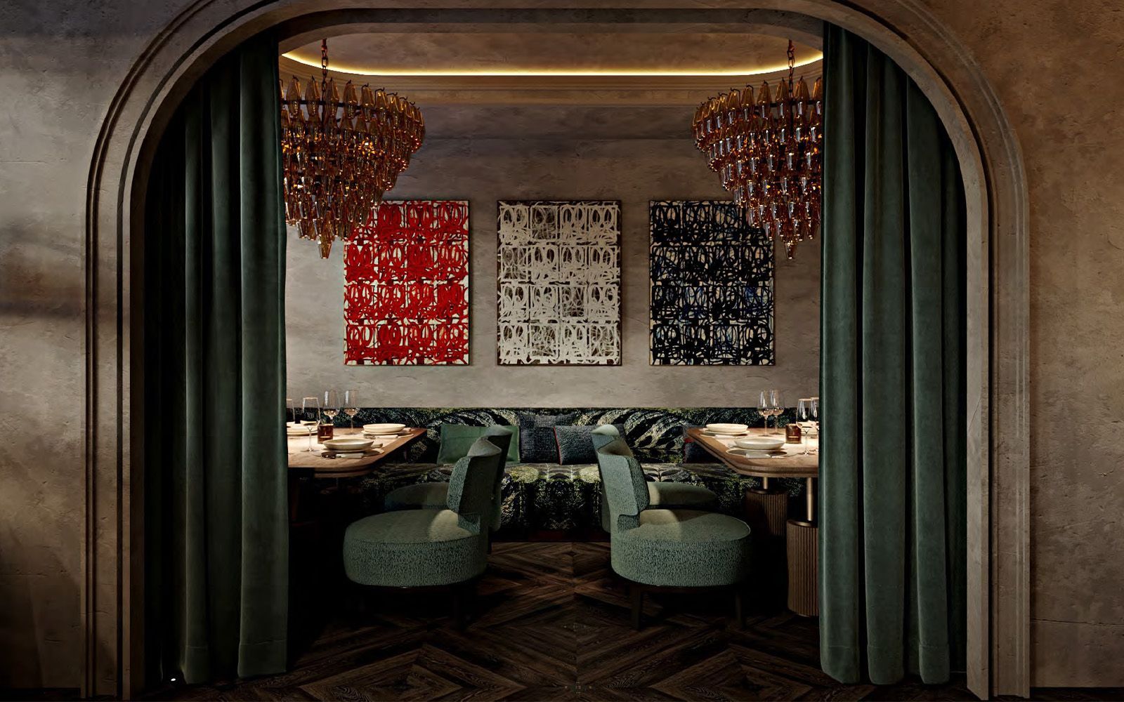 A room with a couch , chairs , tables and paintings on the wall.