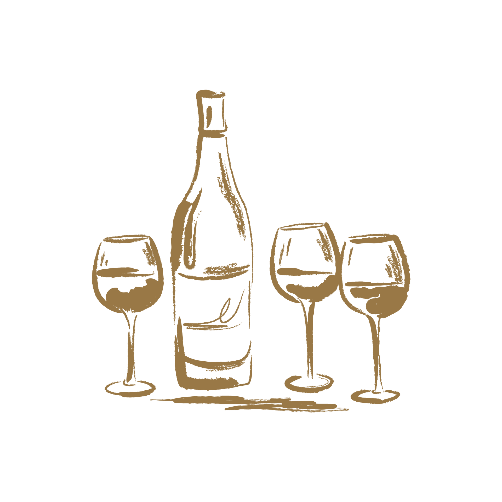A sketch of a bottle of wine and three wine glasses