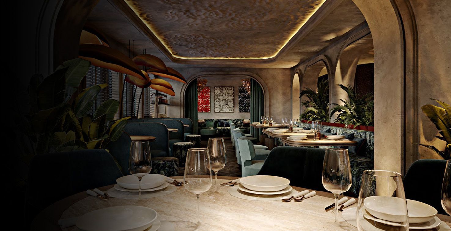 Interior dining room at the Harbour Club members only club in Miami Beach showing a row of tables and chairs for private dining.