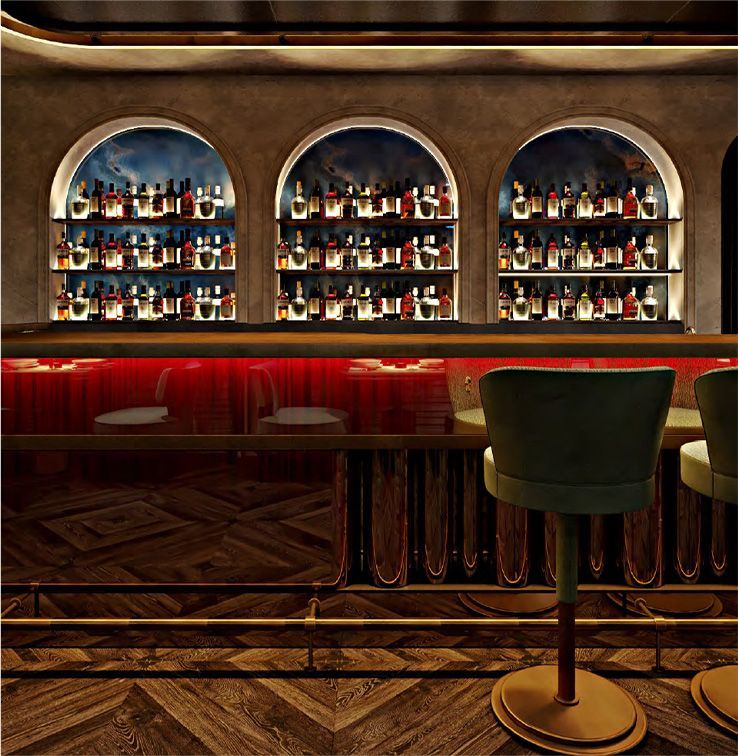 A bar with three rows of shelves at the Harbour Club members club in Sunset Harbour.