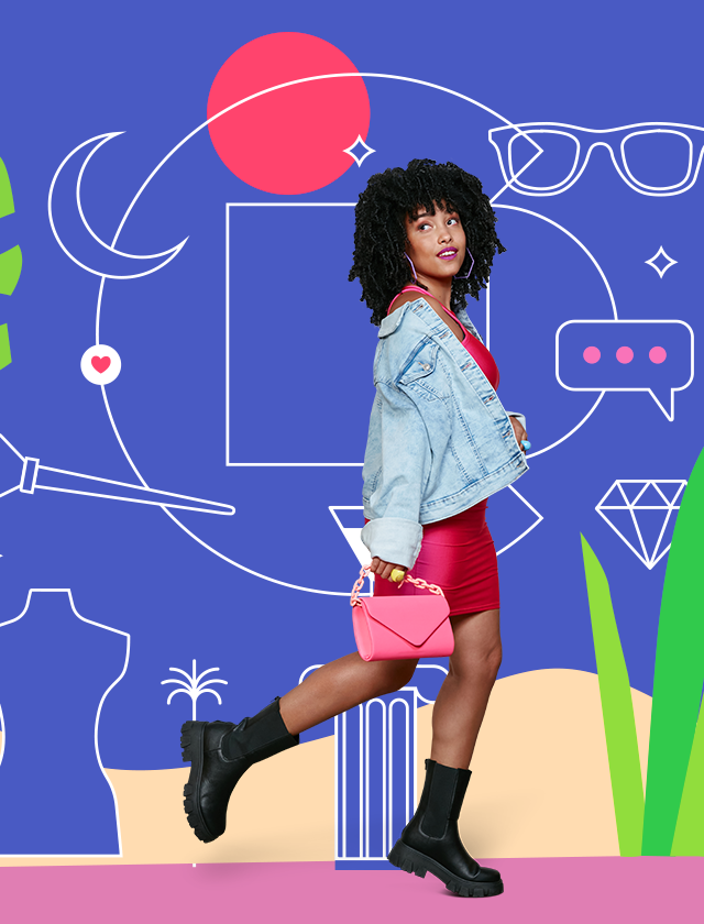 Woman in red dress and denim jacket, walking, holding a pink purse, against a blue background with abstract symbols.