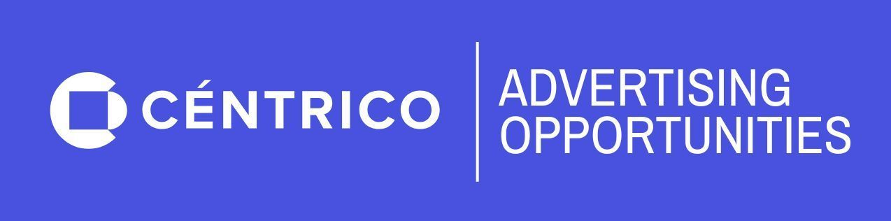 Logo for Céntrico, offering advertising opportunities, white text on blue background.