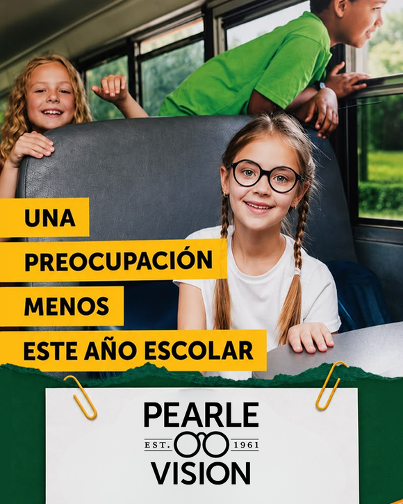 Promo escolar con niños en un autobús y texto sobre plan de protección de visión de cortesía.
