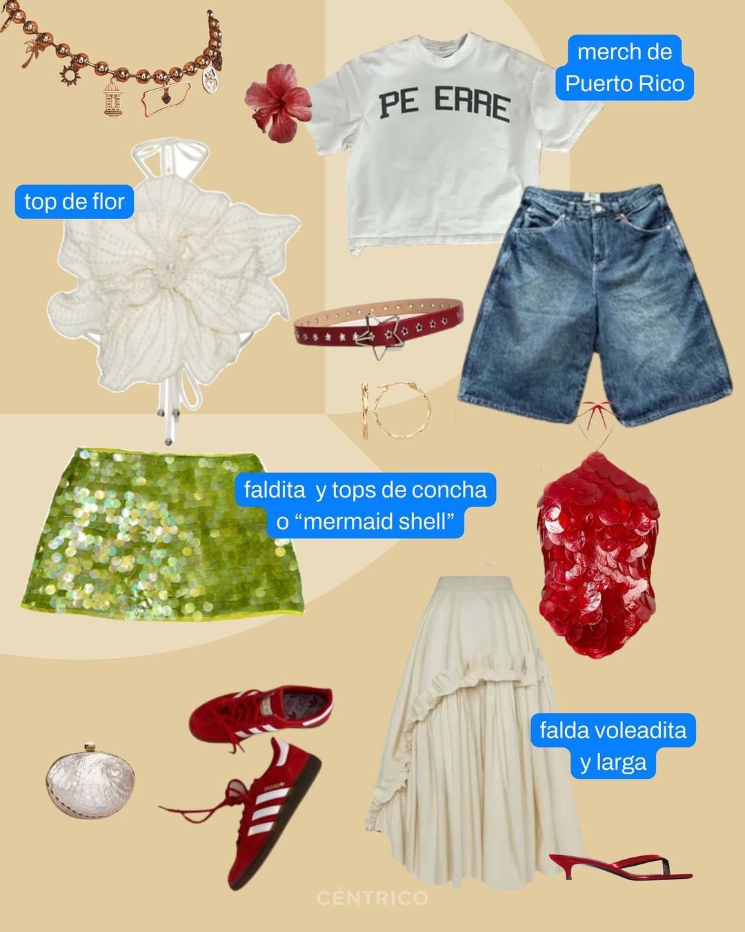 Fashion collage with various clothing items and accessories. Includes a flower top, a sequined skirt, and a long skirt.