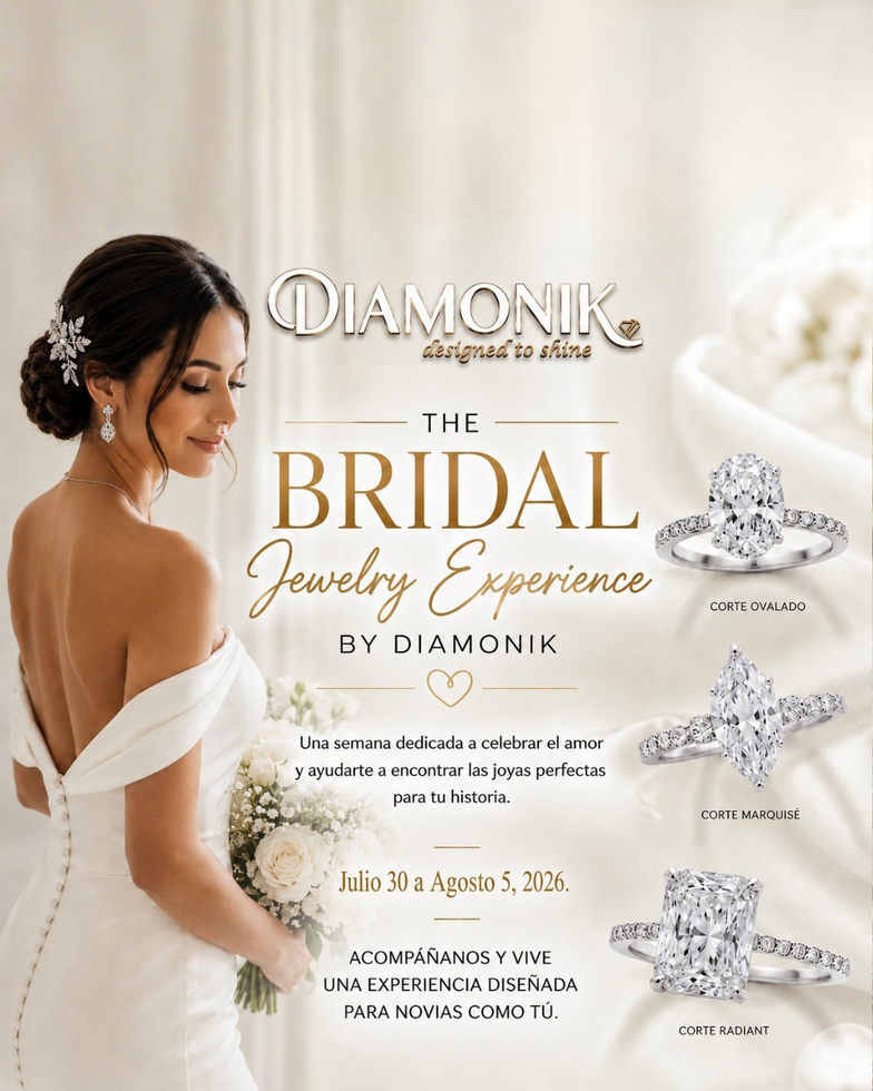 Bride in white dress beside diamond jewelry ad on a cream background, titled “The Bridal Jewelry Experience”