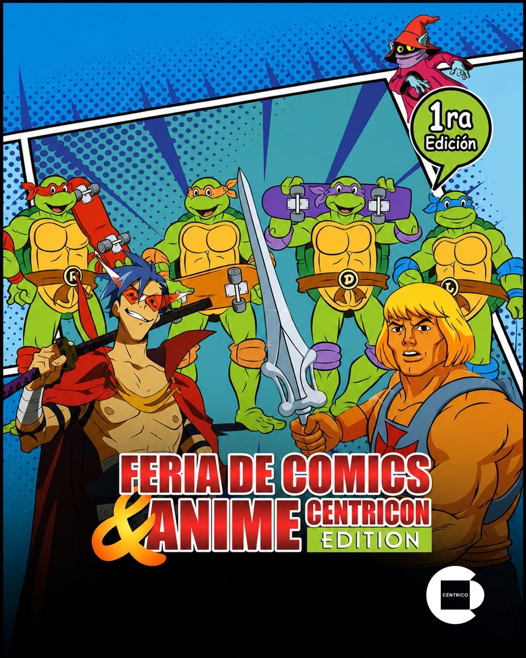 Cartel colorido de feria de cómics y anime con personajes tipo Tortugas Ninja y un personaje al centro
