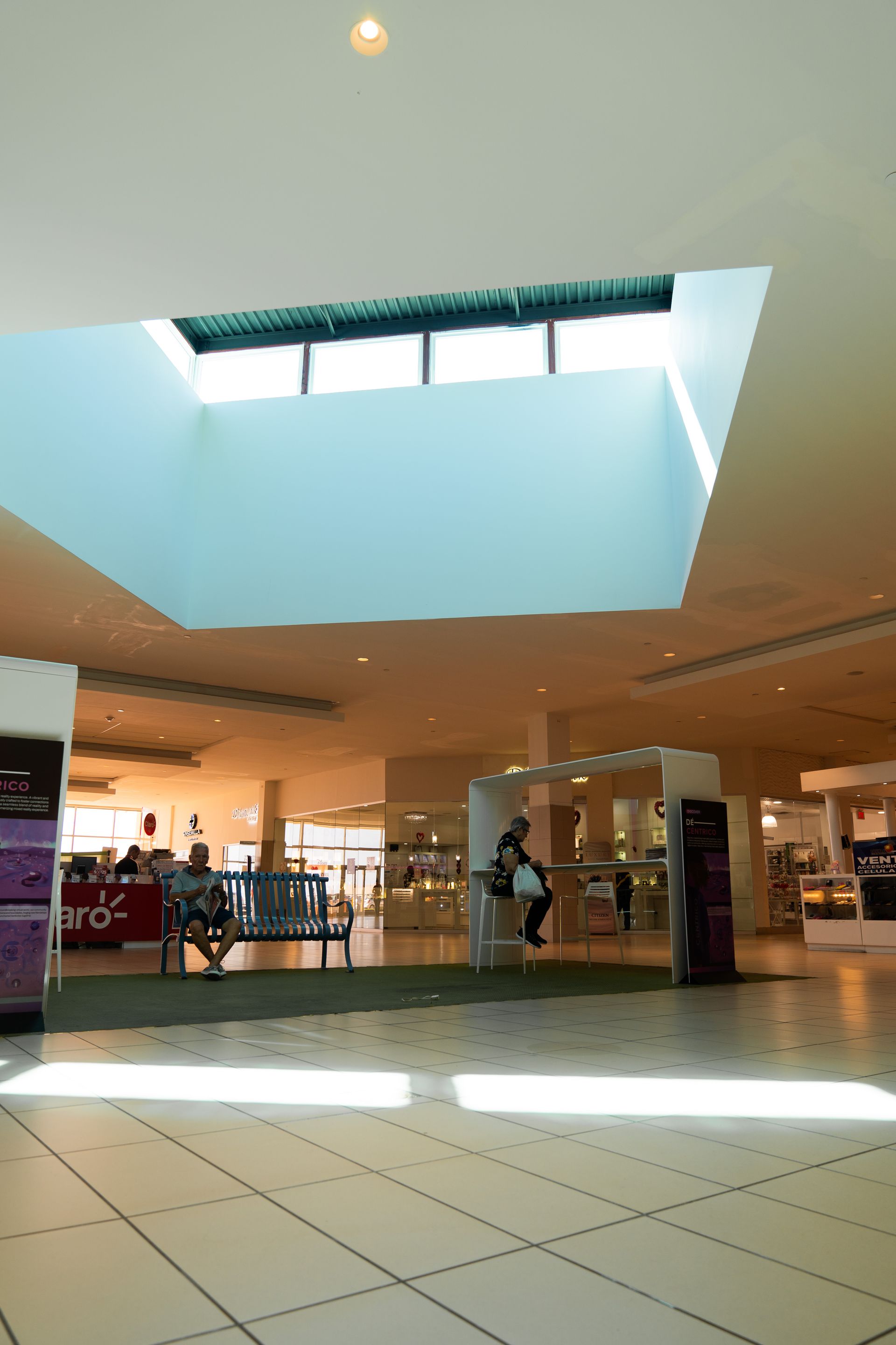 Mall interior with a skylight. A person sits on a bench, others shop. Sunlight streams through the skylight.