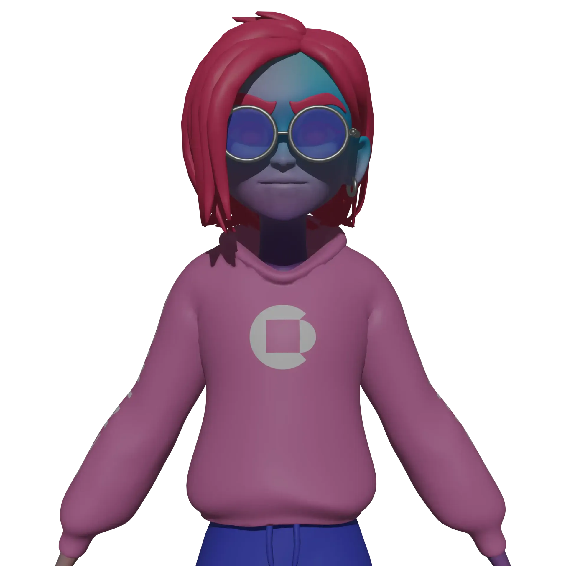 A stylized character with pink hair, blue skin, round glasses, and a pink sweatshirt stands with arms outstretched.