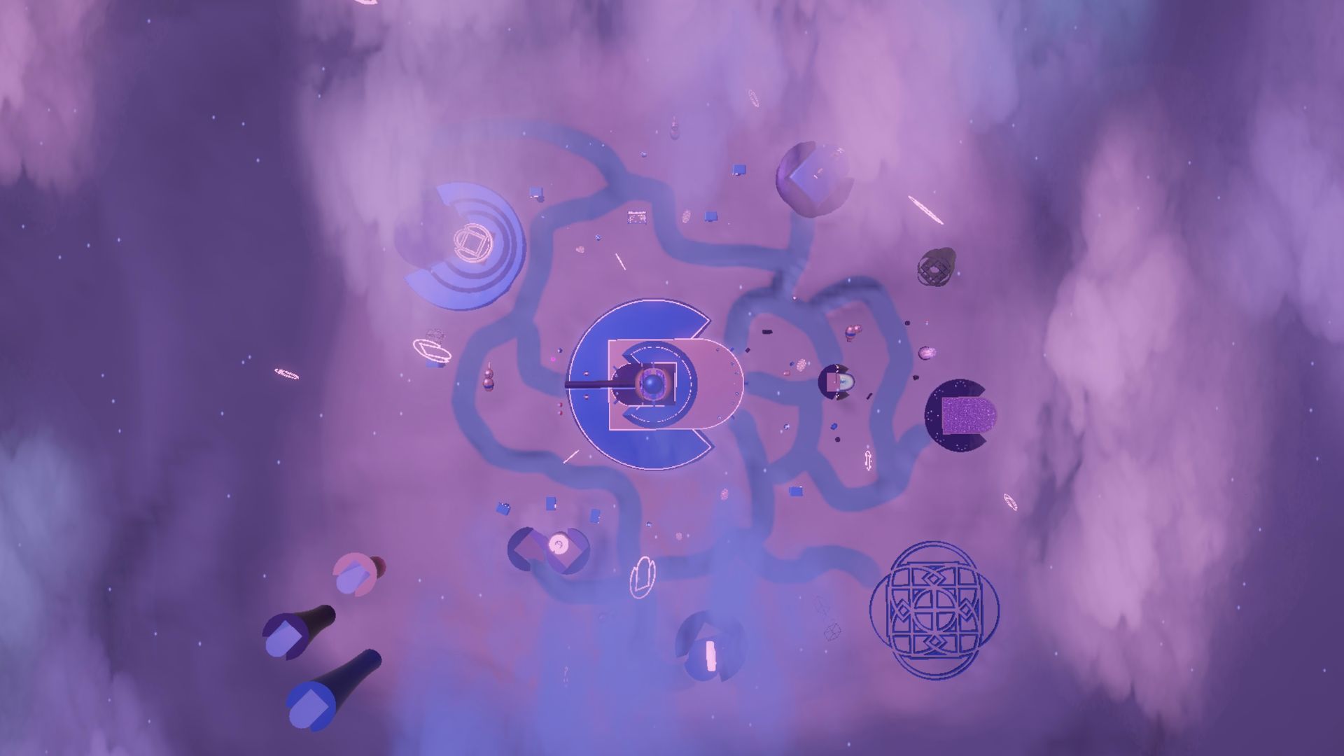 A stylized, top-down view of a dreamlike landscape in purple and white hues with floating islands and structures.