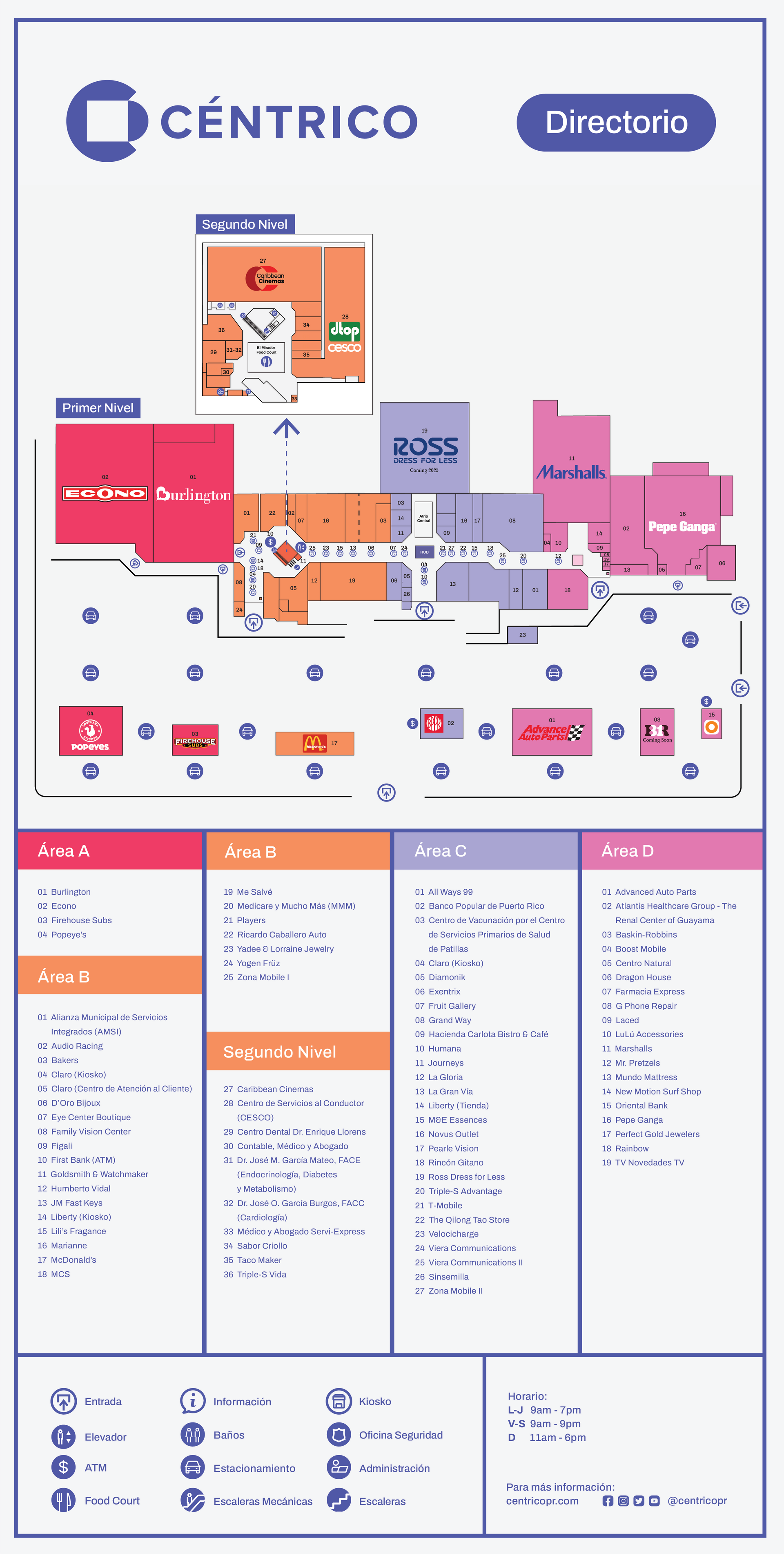 Mall directory for Centro shopping center, featuring a floor plan and list of stores categorized by area.