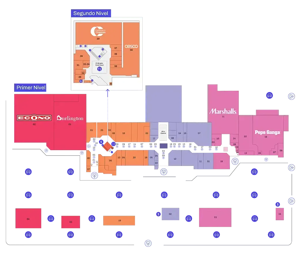 Céntrico Guayama, Mall floor plan showing store layouts in various colors.