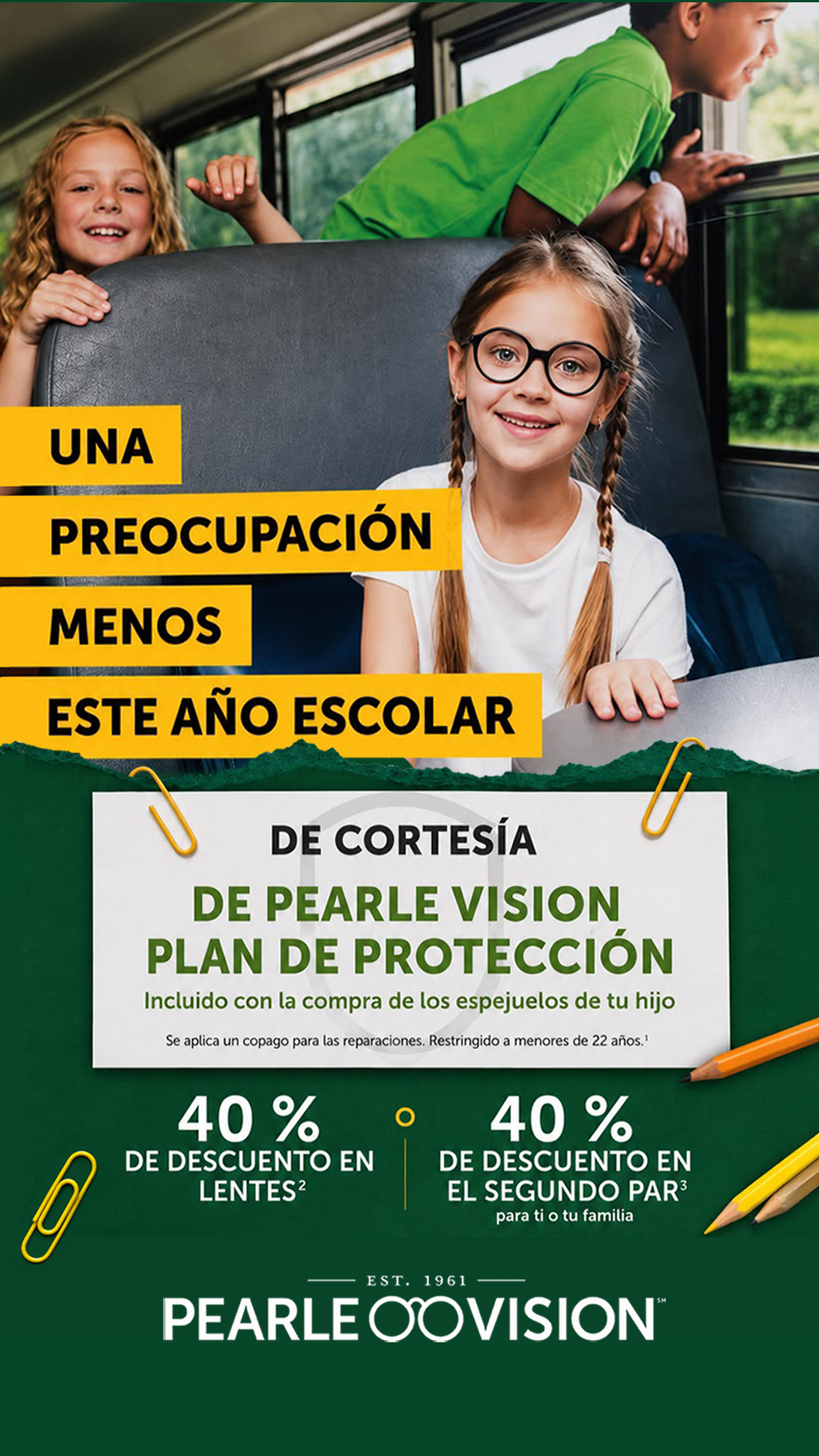 Cartel escolar con dos niños sonriendo y texto: “Una preocupación menos este año escolar” y plan de protección.