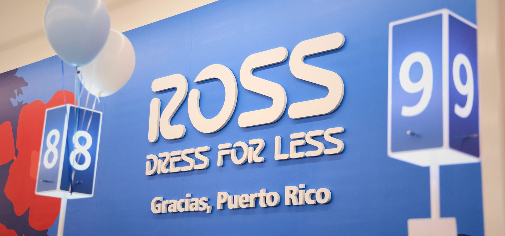 Ross Dress for Less store sign in blue and white, with 88 and 99 price tags, Gracias, Puerto Rico