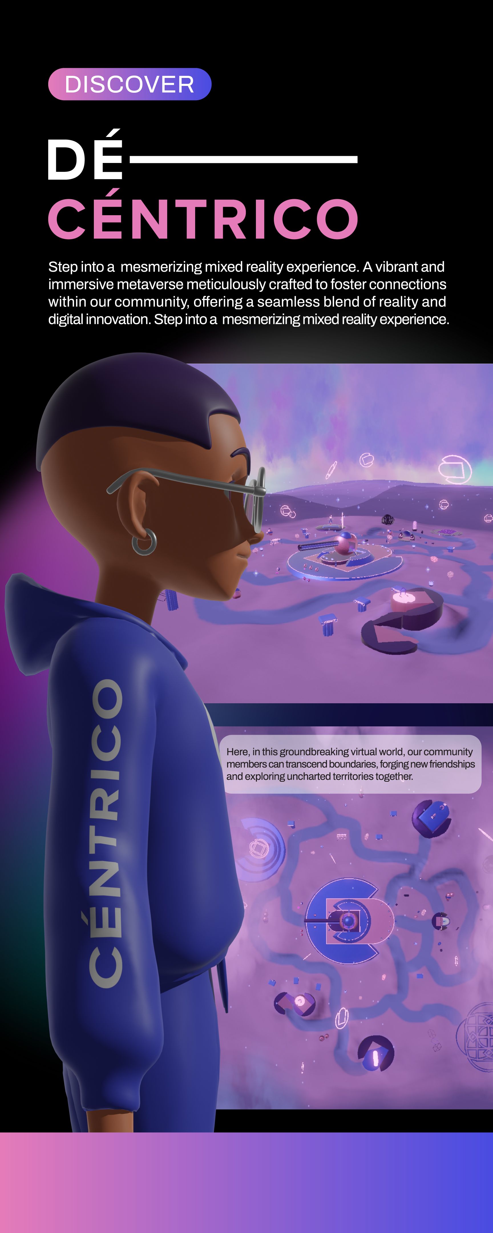 A person in a blue hoodie looks at a digital landscape. The word