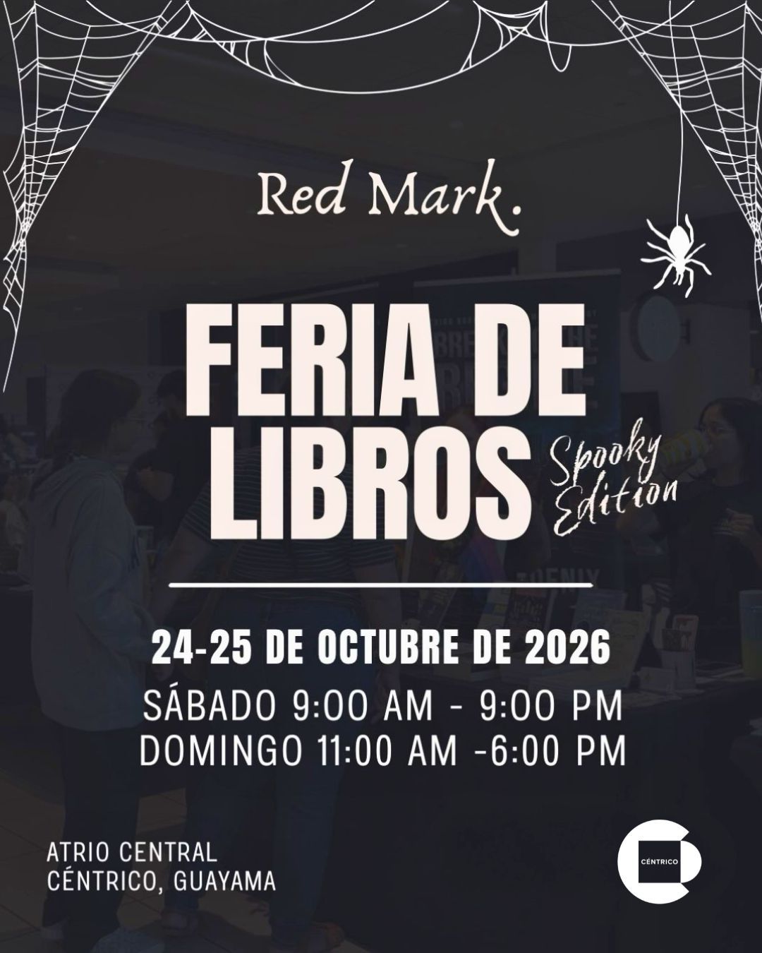Red Mark Feria de Libros poster, spooky edition, Oct. 24–25, 2026, in Caguas, with event times.