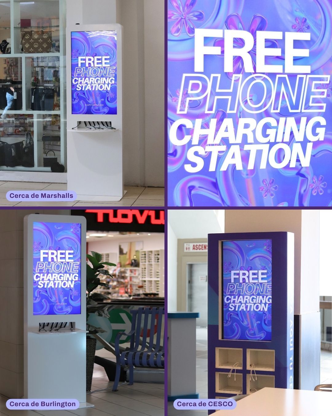 A collage showing three free public phone charging stations in a shopping mall setting with purple and blue digital signs.