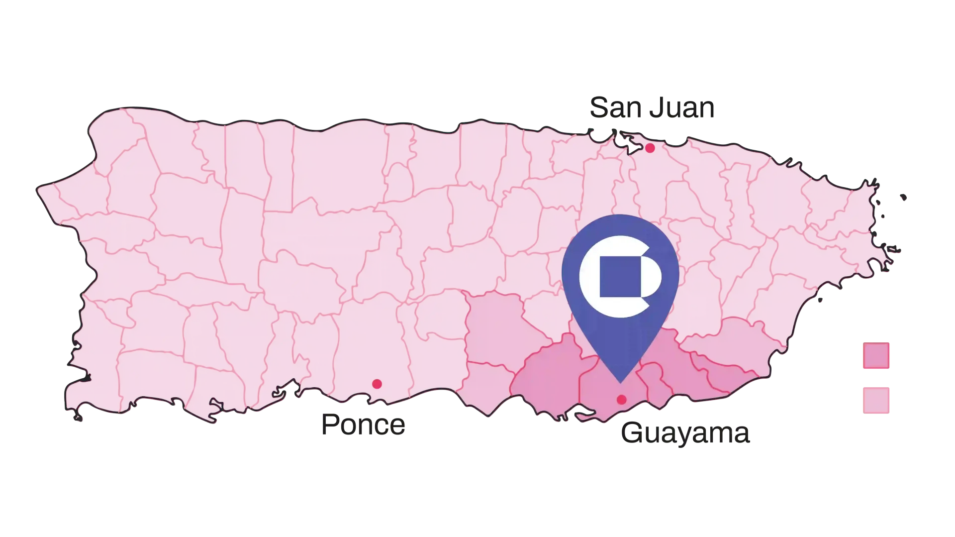 Map of Puerto Rico highlighting Guayama with a blue pin. Pink shading shows geographic areas.
