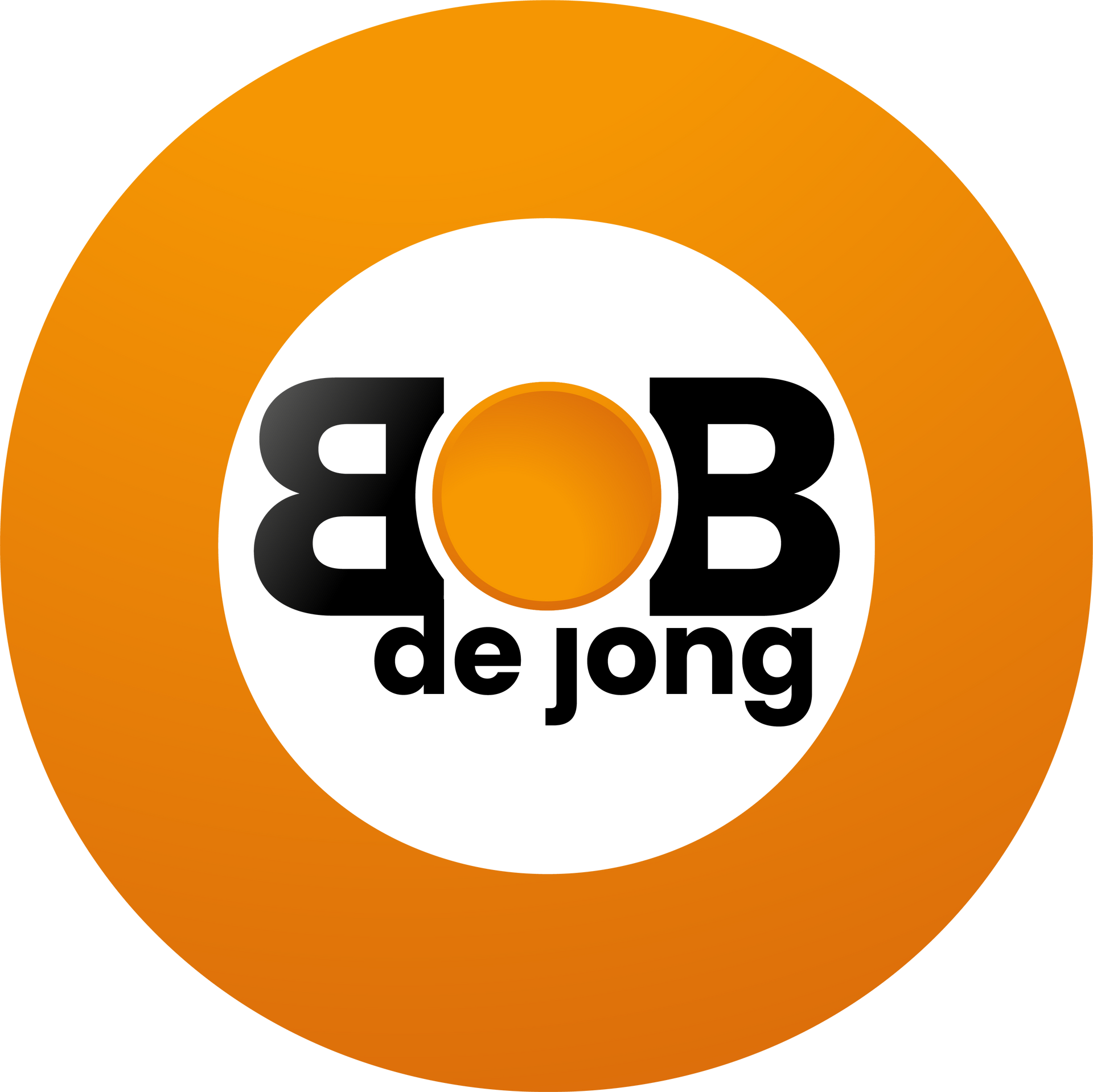 Oranje en wit Bob de Jong-logo met opvallende zwarte tekst en een cirkelvormig ringontwerp.