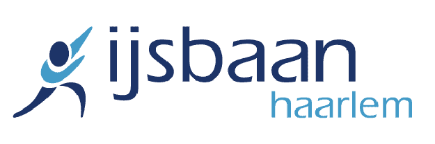 IJsbaan Haarlem logo met blauw skater-icoon en blauwe tekst op een witte achtergrond