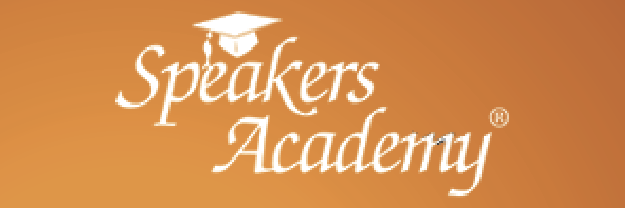 Het logo van Speakers Academy in wit op een oranje achtergrond met een icoon van een afstudeerhoed.