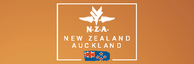 NZA. Nieuw-Zeeland Auckland-logo op een oranje achtergrond met witte rand en blauw-rood embleem.