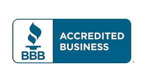 The bbb logo is blue and white and says accredited business.