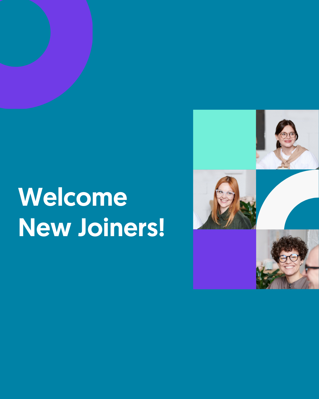Welcome message for new joiners with smiling team members.