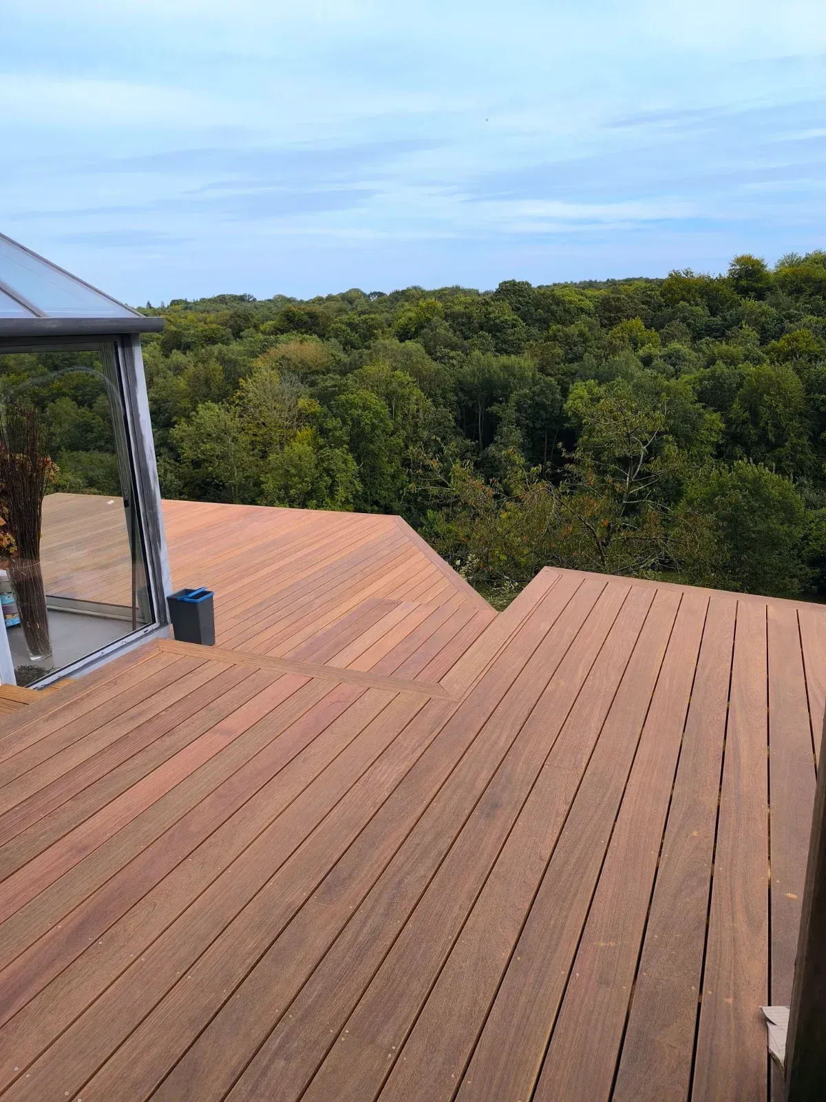 Terrasse en bois exotique suspendue sur pilotis avec vue sur la forêt