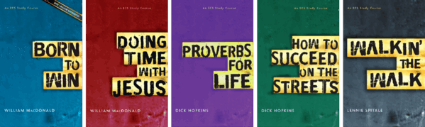 Five Christian book covers with bold titles in yellow, pink, black, green, and teal on a blue background
