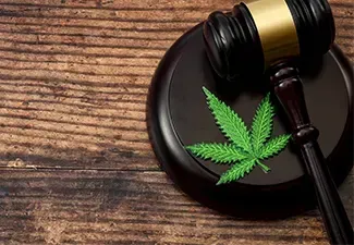 Gavel on wooden block with marijuana leaf; legal cannabis concept.