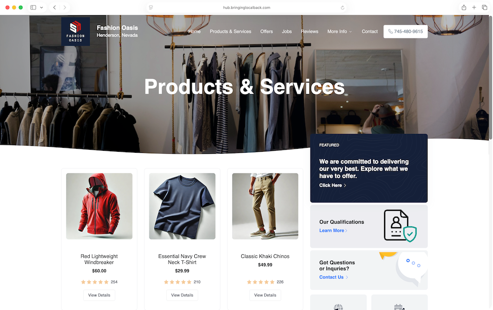 Homepage showcasing clothing products.