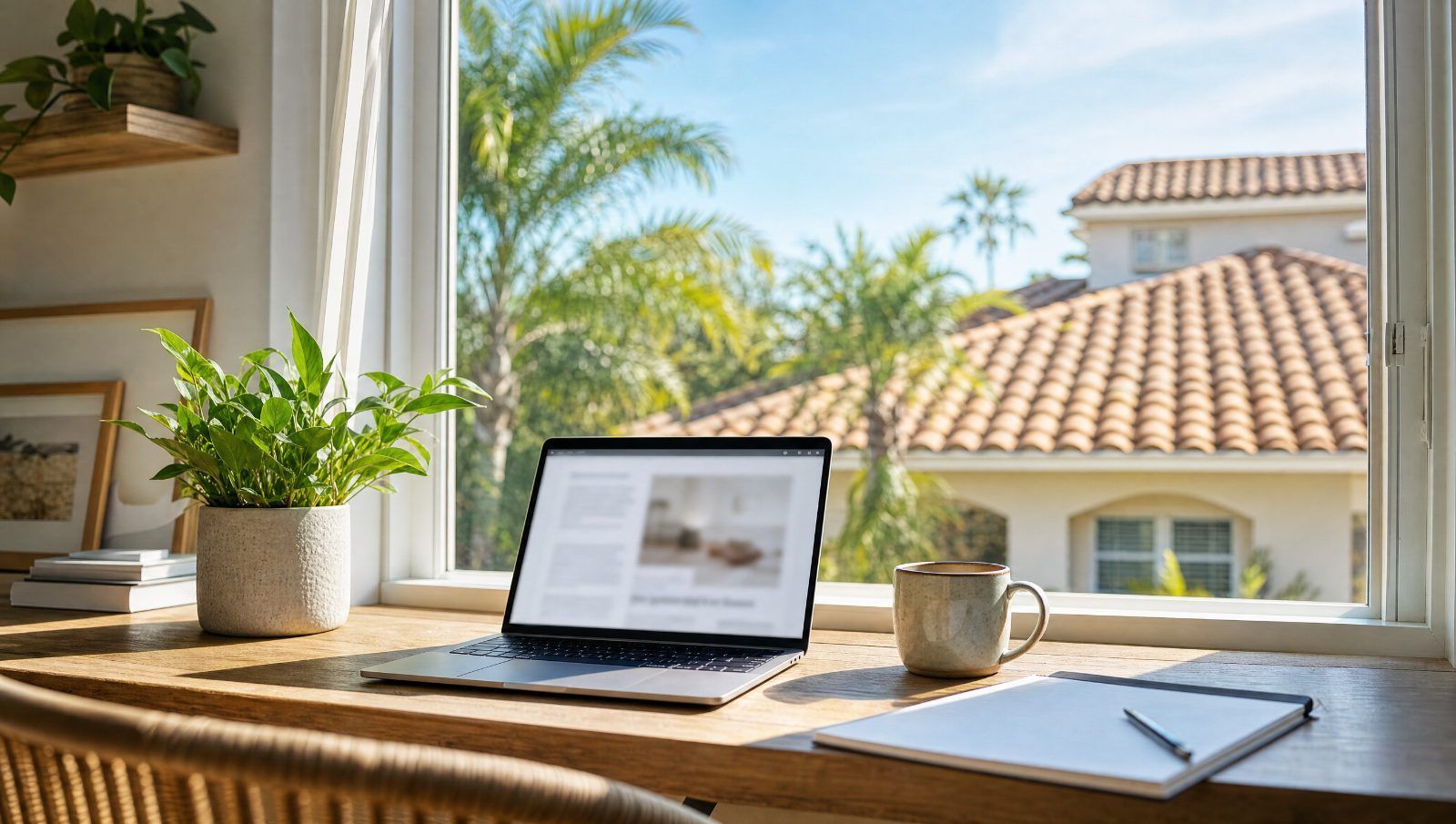 Laptop on a home office desk with a Boca Raton barrel-tile roof visible through the window