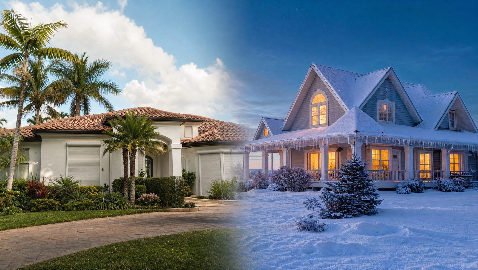 A South Florida tile-roof home under palm trees beside a snow-covered northern house at dusk, two ho