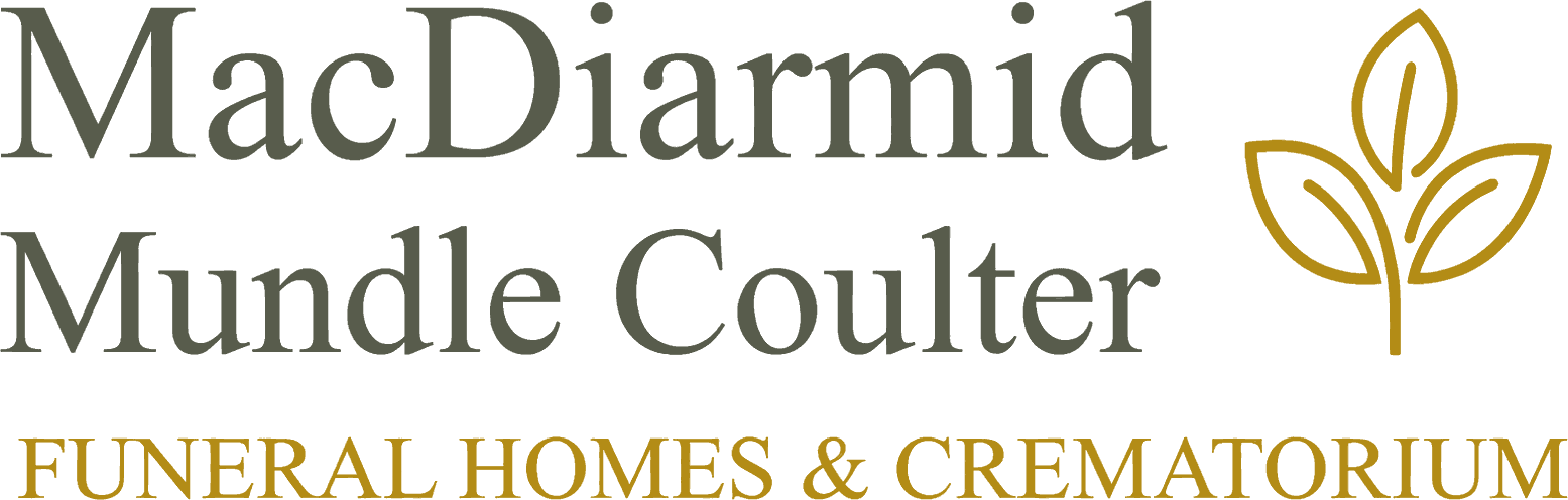 MacDiarmid Mundle Coulter Funeral Homes & Crematorium logo with gold leaf icon on white background