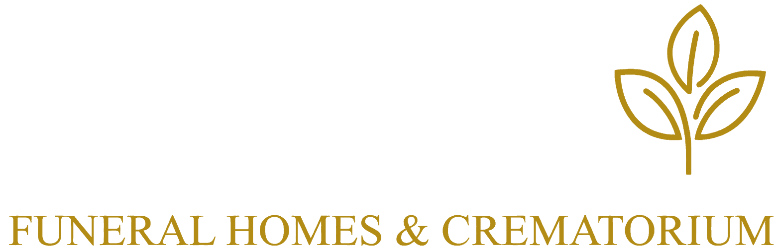 Gold logo with leaf icon and text “Funeral Homes & Crematorium” on a white background