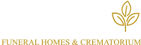 Gold logo with leaf icon and text “Funeral Homes & Crematorium” on a white background