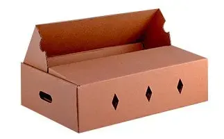 Caja de cartón marrón con tapa abatible parcialmente abierta, con orificios de ventilación en forma de rombo en el lateral.