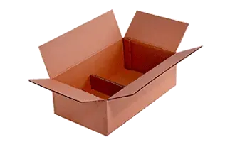 Caja de cartón abierta con divisor interior; color marrón.