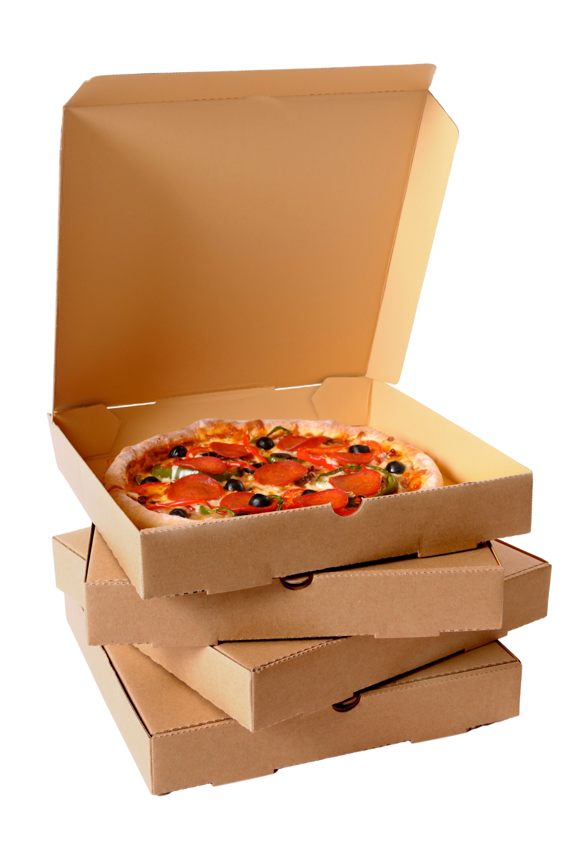 Pizza en una caja de cartón marrón abierta apilada sobre dos cajas cerradas; la pizza tiene pepperoni y pimientos verdes.