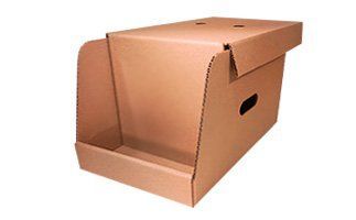 Caja expositora de cartón ondulado, abierta por delante, con tapa abatible.