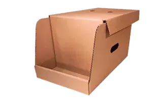 Caja de cartón con estante expositor y tapa parcialmente cerrada, dotada de asa.
