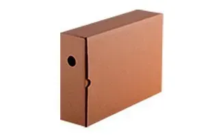 Caja de almacenamiento rectangular de color marrón con un orificio circular para el dedo en el lateral.