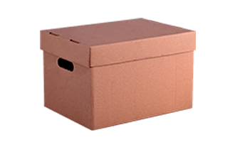 Caja de almacenaje de cartón marrón con tapa y recortes para asas.