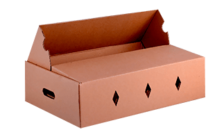 Caja de envío de cartón con tapa abierta, color marrón, con asas de transporte. Tres orificios laterales en forma de diamante para ventilación.