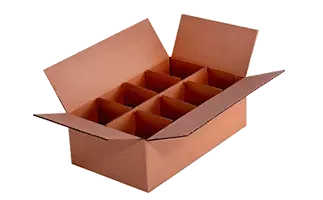 Una caja de cartón con separadores, que se abre para mostrar 12 compartimentos. La caja es marrón.