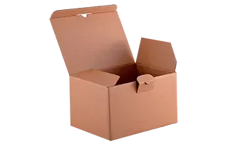 Caja de cartón marrón abierta con la solapa superior parcialmente abierta, aislada en blanco.