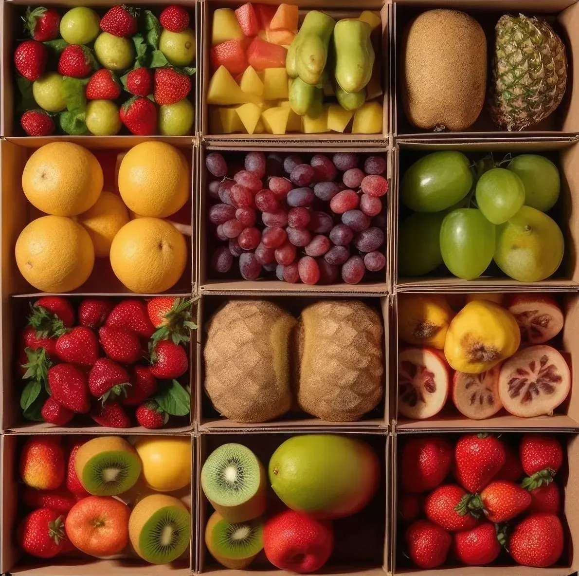 Una cuadrícula de cajas de cartón llenas de diversas frutas frescas, incluidas fresas, naranjas, uvas y kiwi.