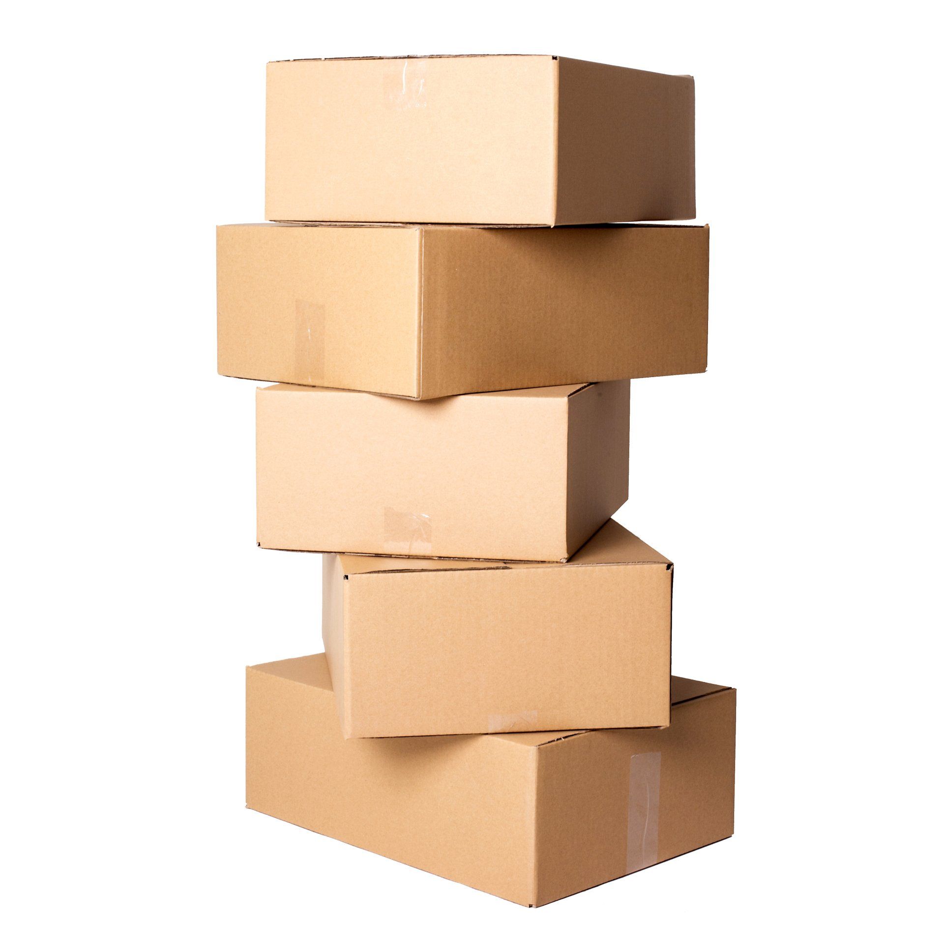 Una pila de seis cajas de cartón marrón, una encima de la otra.