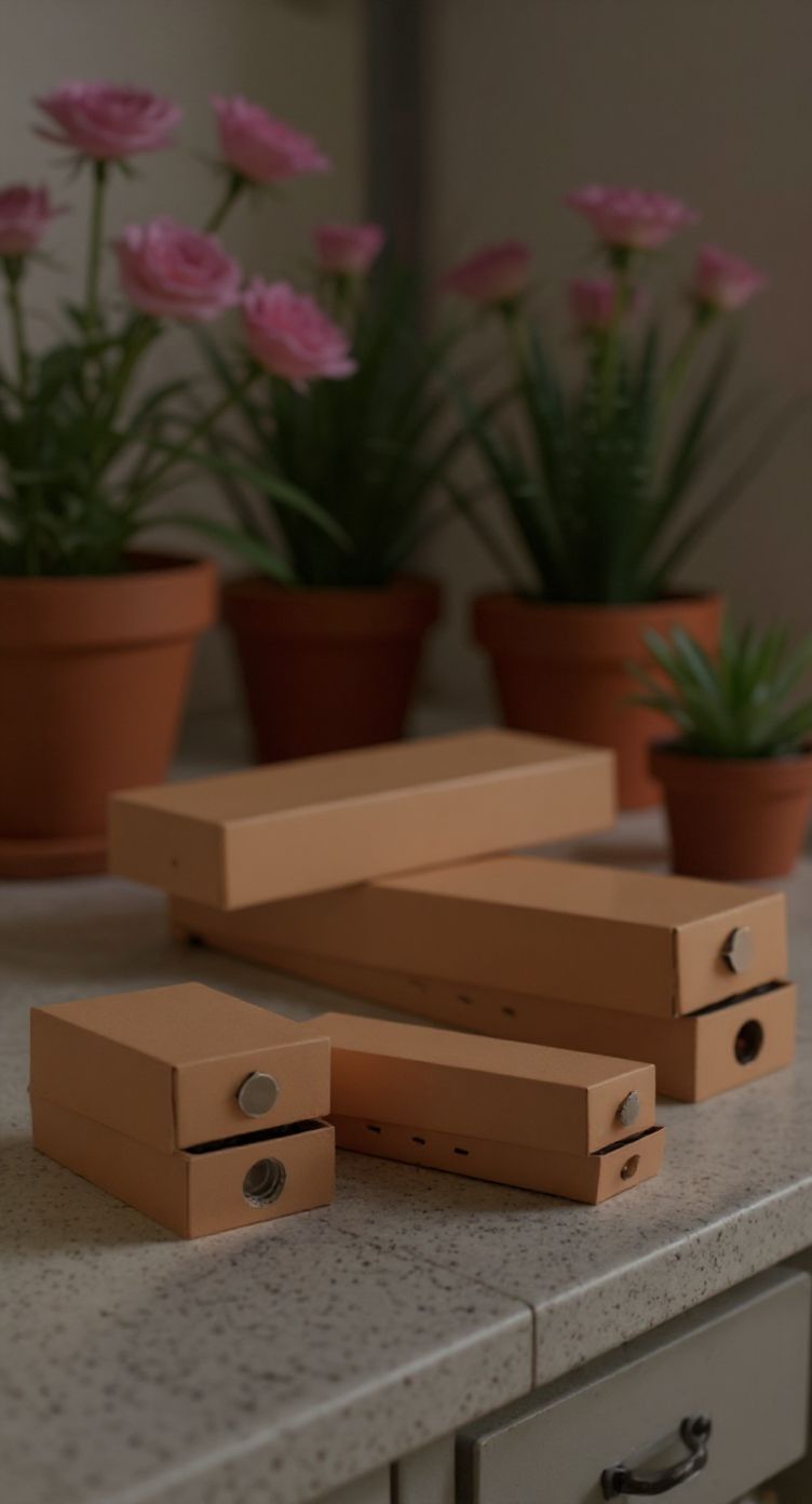 Cajas rectangulares de color tostado dispuestas sobre una encimera, con rosas rosadas en macetas y una suculenta en el fondo.